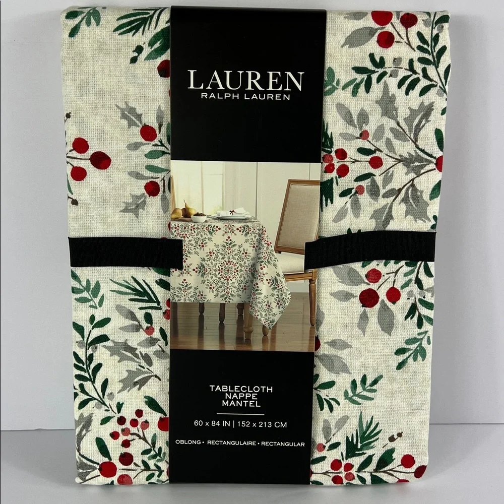 Ralph Lauren Tablecloth Holiday Berry Red Green Ivory Christmas Floral 60x84 NEW